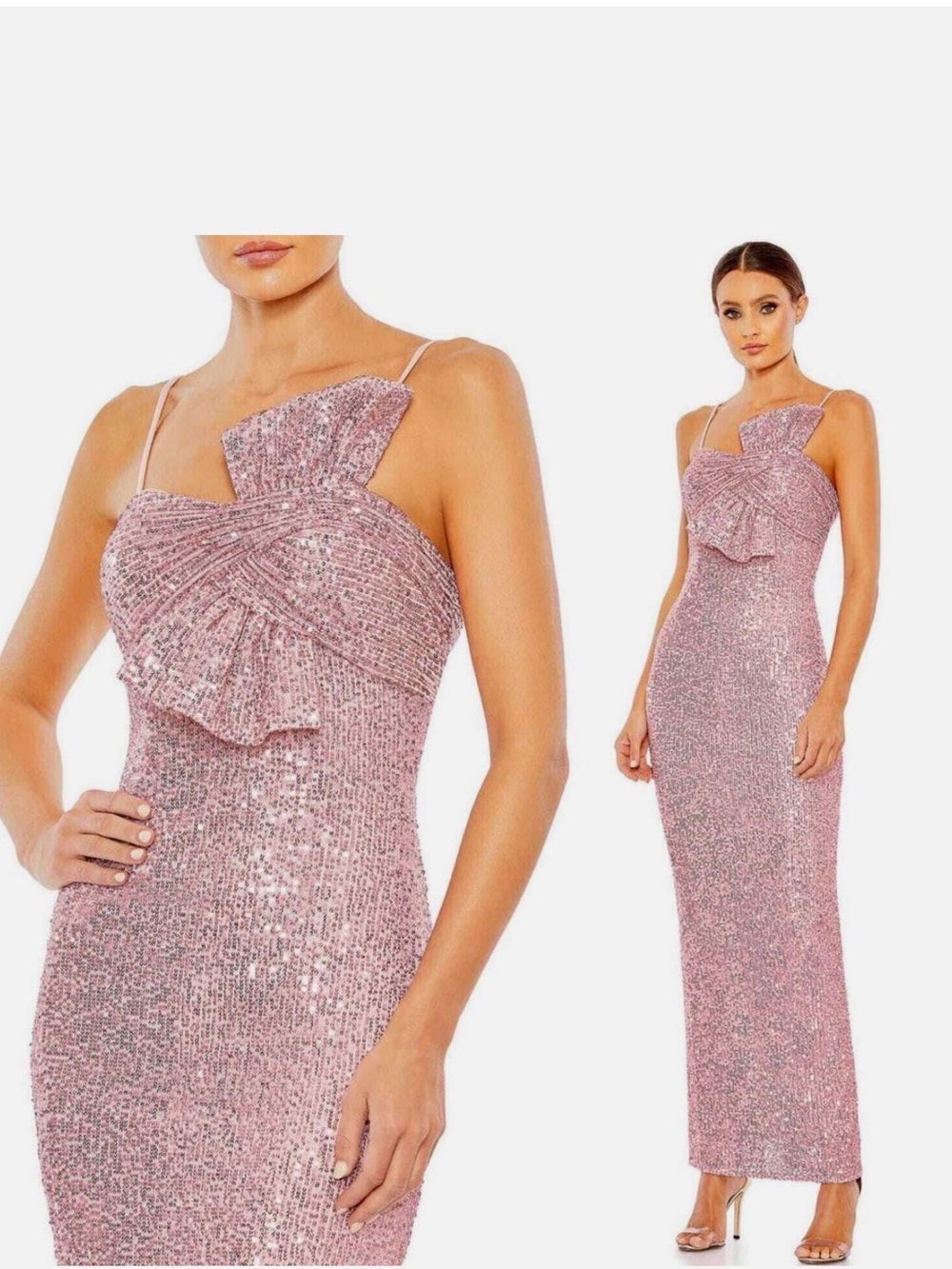Mac Duggal Pink Sequin Midi Dress with Asymmetric Ruffle